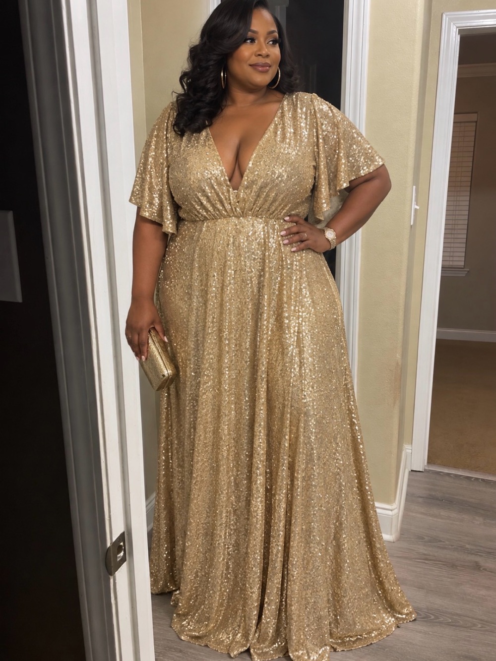 Revelry Gold Sequin Deep V Maxi Gown